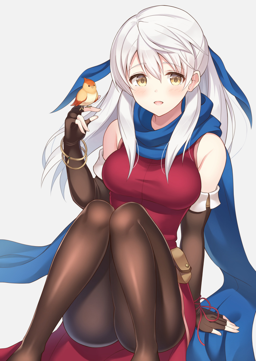 1girl absurdres bangle bare_shoulders bird bird_on_hand black_gloves black_legwear blue_scarf blush bracelet commentary_request dress elbow_gloves fingerless_gloves fire_emblem fire_emblem:_akatsuki_no_megami fire_emblem_heroes gloves hair_ribbon half_updo highres jewelry long_hair micaiah nintendo pantyhose ribbon scarf shiyo_yoyoyo side_slit silver_hair sitting sleeveless sleeveless_dress solo yellow_eyes yune