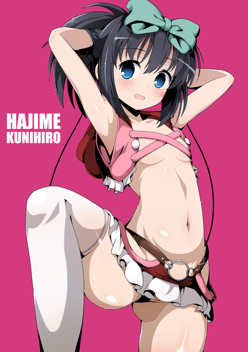 1girl armpits arms_up ass black_hair blue_eyes blush bow breasts character_name cleft_of_venus commentary_request cuffs gluteal_fold hair_bow highres hip_vent kunihiro_hajime looking_at_viewer navel no_panties pink_background ponytail pussy_peek revealing_clothes saki shiny shiny_hair shiny_skin short_hair simple_background single_thighhigh skirt small_breasts smile solo star thighhighs white_legwear xiao_rui_rui