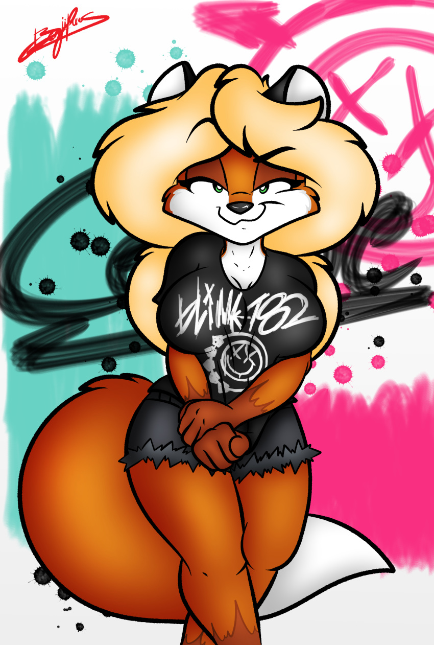 2019 benjipaws big_breasts blink-182 blonde_hair breasts canid canine celine_foxx clothed clothing crossed_legs eyelashes female fox gloves_(marking) green_eyes hair hi_res long_hair looking_at_viewer mammal markings pose signature solo standing