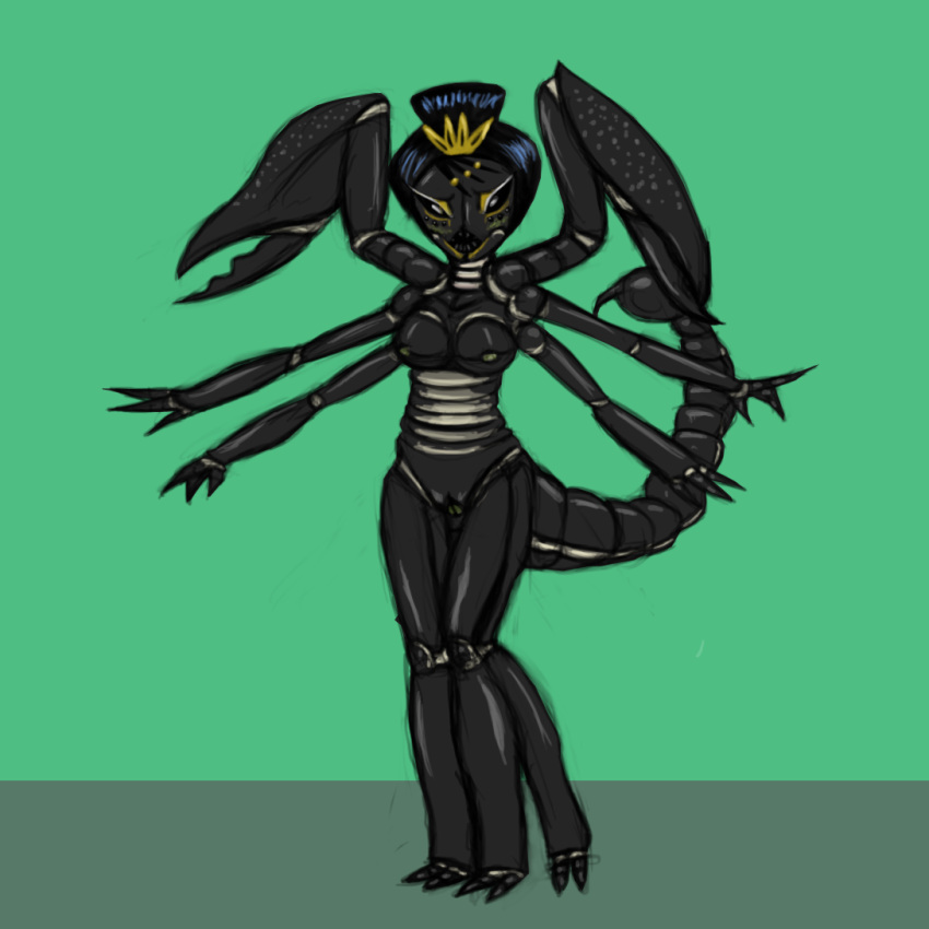 2016 2_toes 3_fingers 4_legs 6_arms abdomen anthro arachnid arthropod biped black_abdomen black_exoskeleton black_eyes black_hair black_pussy blush breasts claws colored_sketch crown digital_drawing_(artwork) digital_media_(artwork) embarrassed emperor emperor_scorpion exoskeleton eyelashes eyeshadow female flustered front_view full-length_portrait green_background hair hair_accessory hair_bun lipstick lonelyworld long_abdomen makeup mandibles medium_breasts multi_eye multicolored_exoskeleton nipples non-mammal_breasts nude open_mouth open_smile pincers portrait pseudo_pupils pussy royalty scorpion scorpion_tail scorpionid sharp_teeth short_hair shy simple_background smile solo spread_arms standing stinger teeth toes two_tone_abdomen two_tone_exoskeleton white_abdomen white_exoskeleton white_nipples yellow_blush yellow_eyeshadow yellow_lipstick