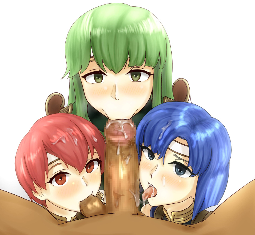 3girls absurdres armor blue_eyes blue_hair catria censored est fellatio fire_emblem fire_emblem_echoes fire_emblem_echoes:_mou_hitori_no_eiyuuou green_eyes green_hair headband highres katua long_hair medium_hair multiple_girls nintendo oral palla paola pauldrons penis pov red_eyes red_hair short_hair siblings sisters white_headband