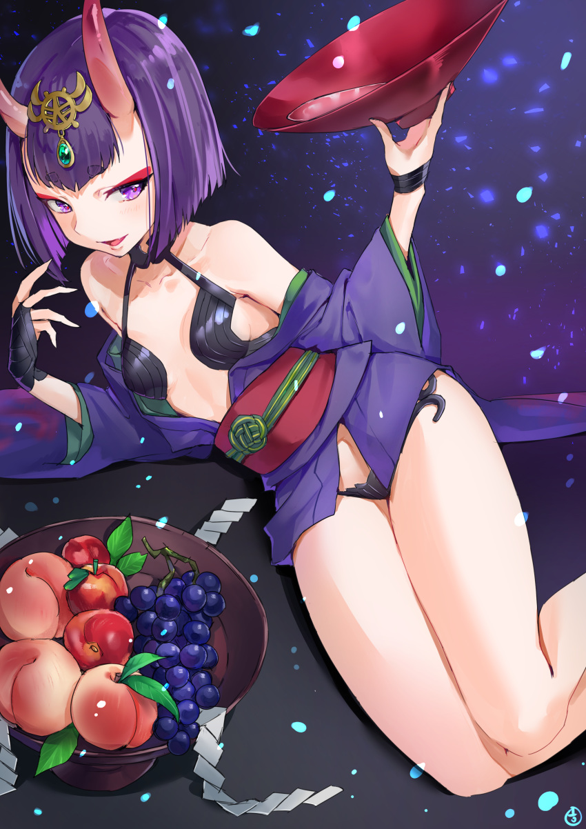 1girl absurdres alcohol apple bob_cut breasts collarbone commentary_request cup eyebrows_visible_through_hair fate/grand_order fate_(series) food fruit grapes hieung highres horns japanese_clothes kimono medium_breasts obi oni oni_horns open_mouth peach purple_eyes purple_hair purple_kimono sakazuki sake sash short_hair shuten_douji_(fate/grand_order) smile solo thick_eyebrows thighs