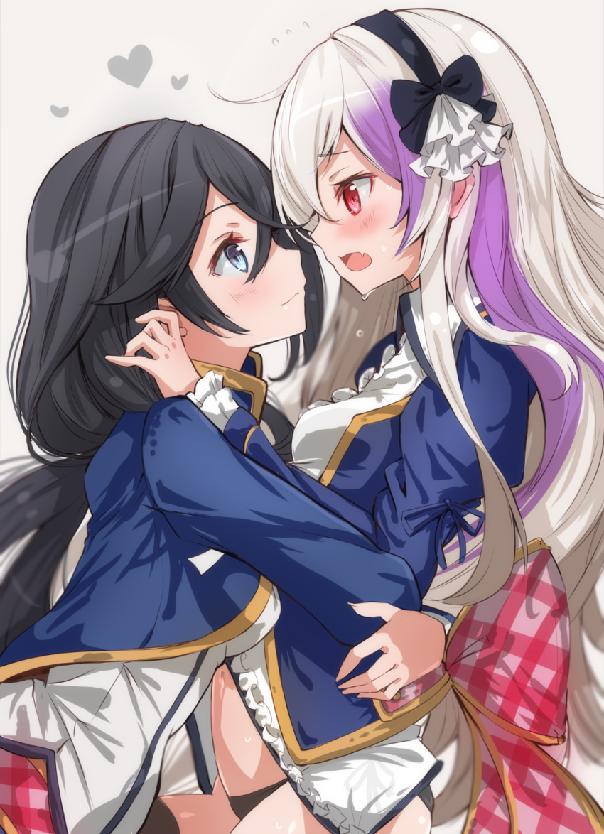 2girls :3 ahoge back_bow black_bow black_hair black_hairband black_panties blue_eyes blue_jacket blue_ribbon bow breasts character_request closed_mouth eye_contact fang frilled_shirt frilled_sleeves frills from_side fuku_kitsune_(fuku_fox) grey_background grimoire_~shiritsu_grimoire_mahou_gakuen~ hair_between_eyes hair_bow hairband heart highres hug jacket leaning_forward long_hair long_sleeves looking_at_another lying multicolored_hair multiple_girls navel no_pants on_stomach open_clothes open_jacket open_mouth panties pink_bow purple_hair red_eyes ribbon shirt silver_hair simple_background small_breasts smile sweat two-tone_hair underwear white_shirt yuri