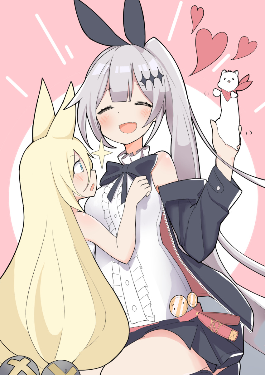 2girls animal animal_ears bangs bare_shoulders black_jacket black_skirt blonde_hair blouse blue_eyes blush bow bowtie bunny_ears bunny_hair_ornament cat_ears emphasis_lines eyebrows_visible_through_hair eyes_closed fake_animal_ears fang five-seven_(girls_frontline) g41_(girls_frontline) girls_frontline hair_between_eyes hair_bobbles hair_ornament hair_ribbon heart high_ponytail highres holding holding_animal huaji jacket kneeling long_hair looking_at_another low_tied_hair low_twintails microskirt monochrome multiple_girls off_shoulder open_mouth pleated_skirt ponytail ribbon rot_zzi sidelocks silver_hair skirt smile star surprised thighs twintails very_long_hair white_blouse