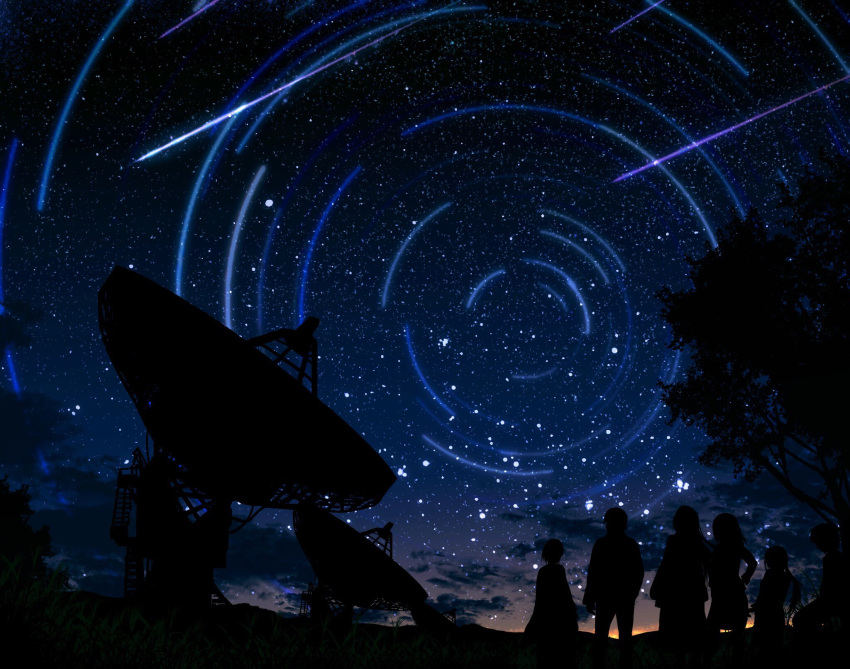 2boys 4girls cloud commentary dark dress field grass highres hill horizon kumeki_(kk4615) long_hair meteor_shower multiple_boys multiple_girls night night_sky original ponytail satellite_dish scenery shooting_star short_hair silhouette sitting sky star_(sky) starry_sky sunset tree