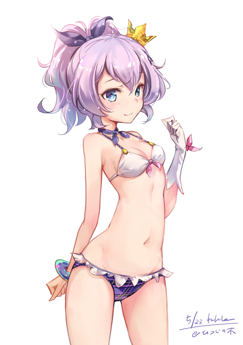 1girl arm_at_side azur_lane bangs bare_shoulders bikini blue_eyes blush collarbone crown dated elbow_gloves eyebrows_visible_through_hair from_side gloves groin hair_between_eyes hair_ribbon halter_top halterneck high_ponytail highres javelin_(azur_lane) looking_at_viewer midriff mini_crown moupii_(hitsuji_no_ki) navel plaid plaid_bikini plaid_bikini_bottom ponytail purple_hair ribbon signature single_elbow_glove smile solo standing stomach swimsuit white_gloves