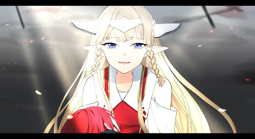 1boy 1girl blonde_hair blue_eyes braid crying crying_with_eyes_open elf ezel_the_king_of_fire_and_iron falia_the_queen_of_the_mountains fuguve grey_background headpiece highres long_hair looking_at_viewer outdoors pixiv_fantasia pixiv_fantasia_last_saga pointy_ears red_hair sunlight tears upper_body