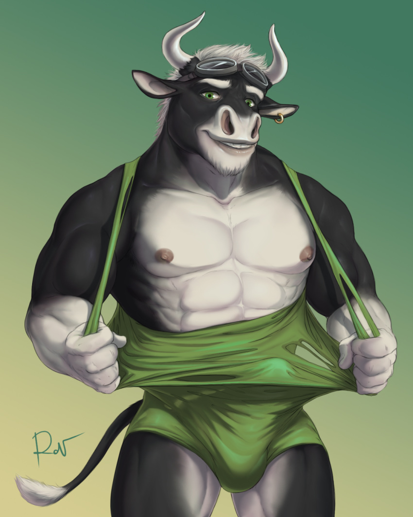 anthro bovid bovine bulge cattle clothing erection erection_under_clothes eyewear fur goggles hair hi_res horn looking_at_viewer male mammal muscular muscular_male nipples pecs rov solo torn_clothing white_hair