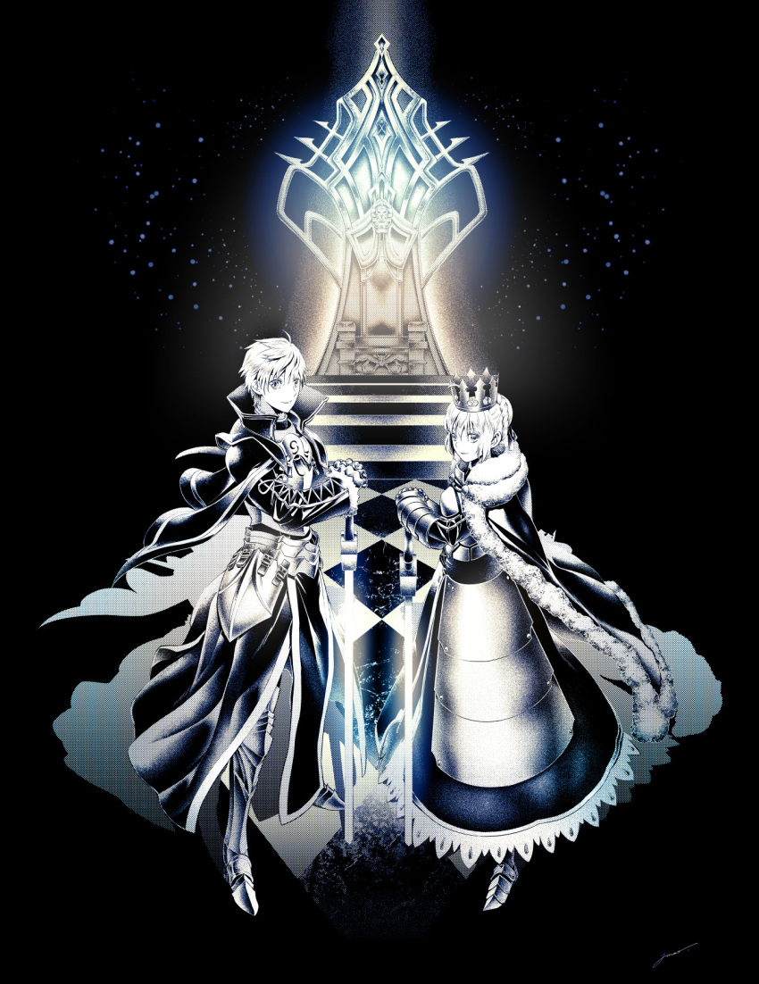 1boy 1girl amatari_sukuzakki armor arthur_pendragon_(fate) artoria_pendragon_(all) breastplate cape crown dress fate/grand_order fate_(series) fur_collar gauntlets glowing glowing_sword glowing_weapon greaves greyscale high_collar highres holding holding_sword holding_weapon looking_at_viewer monochrome sabaton saber stairs sword throne weapon