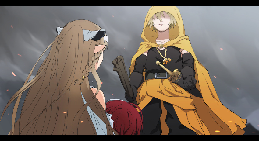 1girl 2boys alex_the_sage_in_yellow belt black_gloves blonde_hair braid brown_hair day elbow_gloves ezel_the_king_of_fire_and_iron facing_another falia_the_queen_of_the_mountains fuguve gloves grey_sky headpiece highres hood jewelry kneeling multiple_boys necklace outdoors pixiv_fantasia pixiv_fantasia_last_saga red_hair sheath standing twin_braids walking_stick yellow_cloak