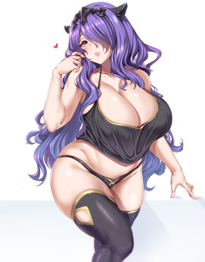 1girl ass bare_shoulders black_legwear black_panties blush breasts camilla_(fire_emblem_if) curvy fire_emblem fire_emblem_if hair_over_one_eye heart highres huge_breasts legs_up lipstick long_hair looking_at_viewer makeup moisture_(chichi) nintendo panties parted_lips plump purple_eyes purple_hair seductive_smile simple_background smile solo tank_top thick_thighs thighhighs thighs tiara underwear wavy_hair white_background