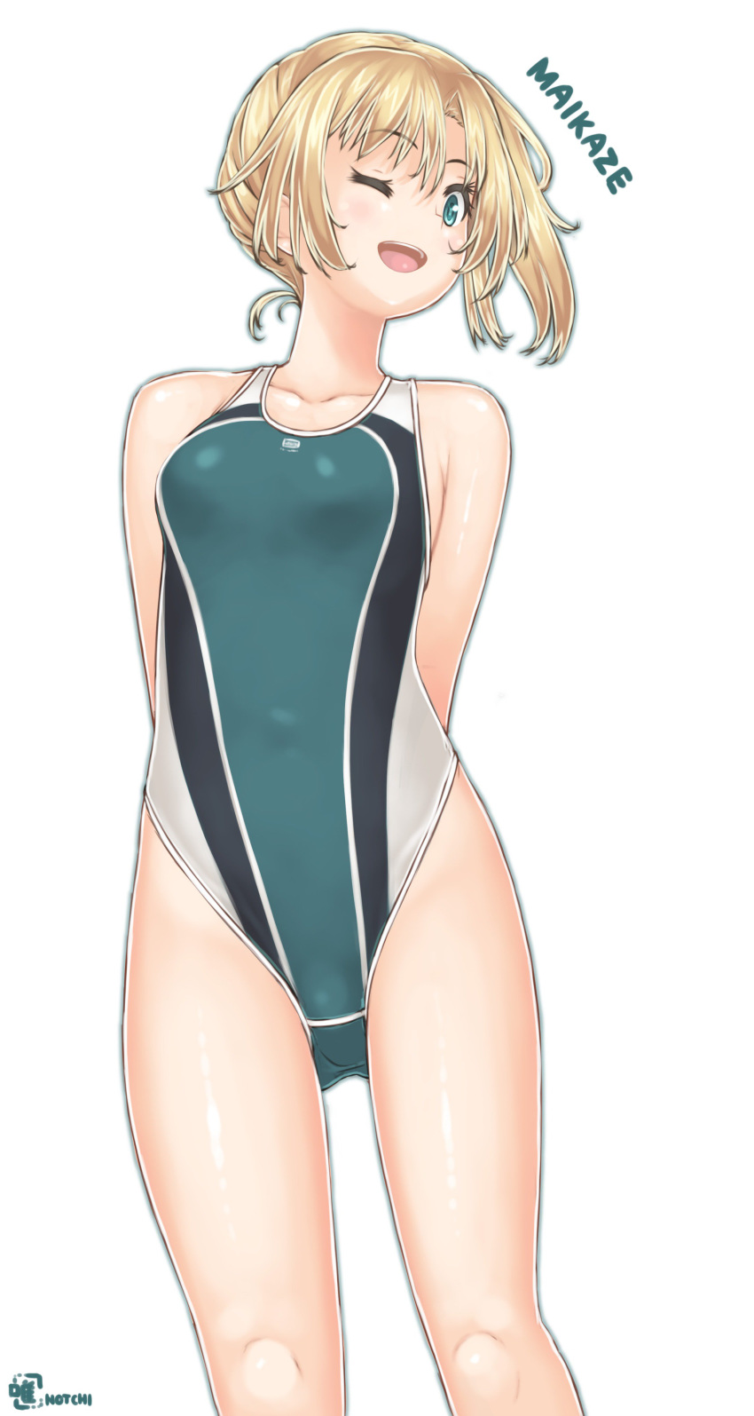 1girl absurdres arms_behind_head artist_logo bangs blonde_hair blue_eyes competition_swimsuit feet_out_of_frame flat_chest from_below gluteal_fold highres kantai_collection looking_at_viewer maikaze_(kantai_collection) multicolored multicolored_clothes multicolored_swimsuit notchi one-piece_swimsuit one_eye_closed open_mouth parted_bangs ponytail scrunchie short_hair short_ponytail smile solo swimsuit upper_teeth