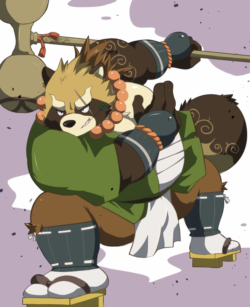 2019 anthro belly brown_fur bulge canid canine clothing footwear fundoshi fur gyobu hammer hi_res humanoid_hands japanese_clothing komekko_okomeya leaf male mammal overweight overweight_male raccoon_dog robe sandals scar simple_background solo tanuki tokyo_afterschool_summoners tools underwear video_games