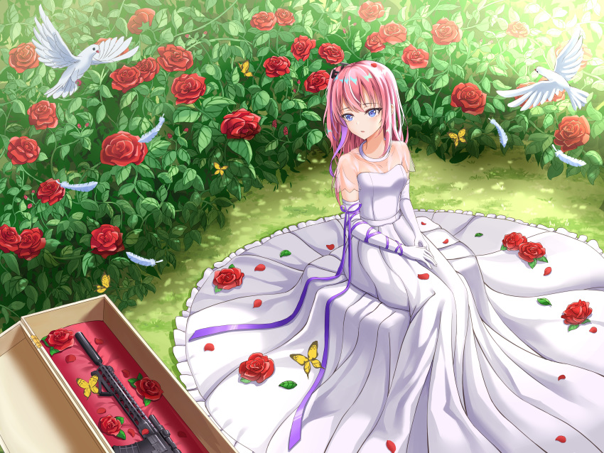 1girl absurdres arm_ribbon black_ribbon blue_eyes bug butterfly collarbone dress elbow_gloves flower frilled_dress frills full_body girls_frontline gloves gun hair_ornament hair_ribbon highres huge_filesize insect long_dress long_hair looking_to_the_side outdoors pink_hair purple_ribbon red_flower red_rose ribbon rifle rla058058 rose see-through shiny shiny_hair side_ponytail sitting solo st_ar-15_(girls_frontline) weapon wedding_dress white_bird white_dress white_gloves