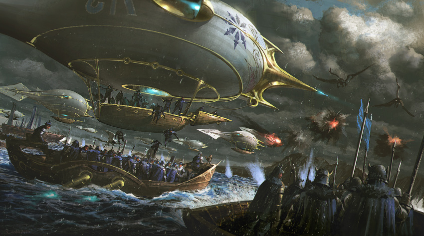 aircraft airship ambiguous_gender battle battle_standard boat cloud cloudy_sky commentary_request day dragon dutch_angle explosion fantasy flag flak holding holding_spear holding_weapon multiple_others noba ocean outdoors pixiv_fantasia pixiv_fantasia_last_saga polearm sky spear water watercraft weapon wide_shot