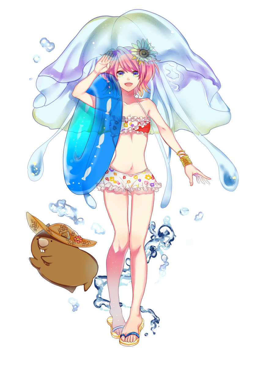 1girl :d absurdres animal animal_print bikini bikini_shorts blue_eyes bracelet breasts cleavage collarbone eyebrows_visible_through_hair fish_print floral_print flower frilled_bikini frills full_body hair_flower hair_ornament halterneck highres innertube jewelry kurozatou_owata looking_at_viewer navel open_mouth original pink_hair print_bikini short_hair shorts simple_background small_breasts smile solo standing swimsuit transparent veil white_background white_bikini white_flower