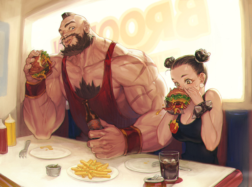 +_+ 1boy 1girl bacon beard beer_bottle biceps black_tank_top booth bottle bracelet breasts brown_hair can capcom casual chest_hair chun-li cleavage collarbone commentary cup double_bun drink drinking_glass earrings eating elbow_rest eyebrows facial_hair food food_on_face fork french_fries glass_bottle hair_bun hair_pulled_back hamburger height_difference holding holding_food impossible_clothes impossible_shirt indoors jewelry ketchup_bottle large_breasts lettuce lips looking_at_another makeup mascara messy mohawk muscle mustard_bottle na_in-sung parted_lips plate red_tank_top restaurant scar shirt sitting soda_can sparkling_eyes spiked_bracelet spikes spilling street_fighter sweatdrop table tank_top tomato two-handed window wristband zangief