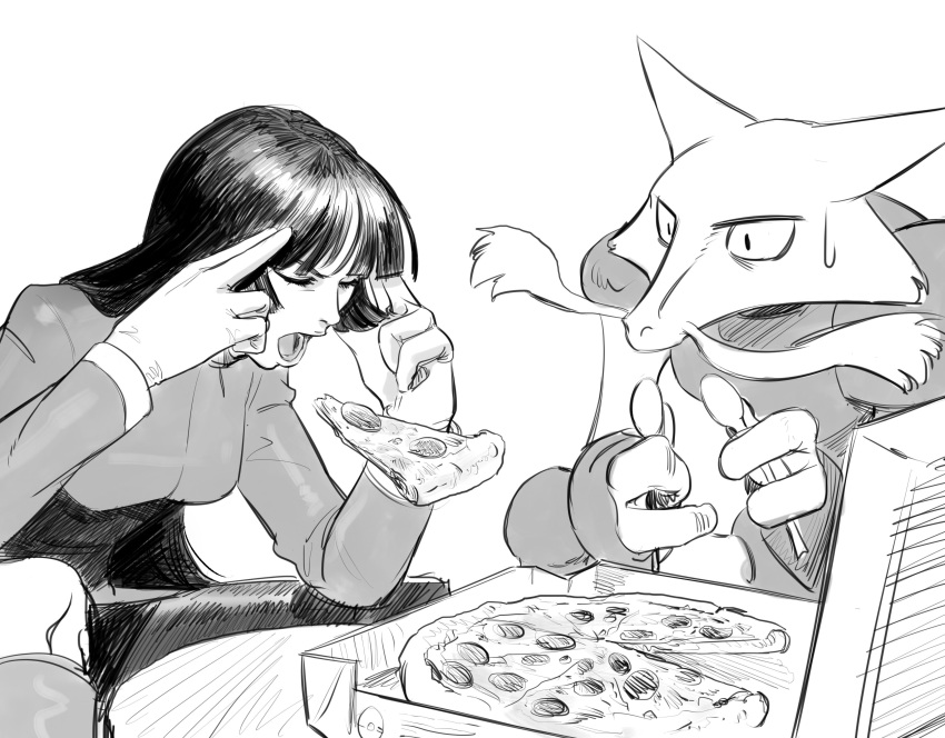 absurd_res alakazam ambiguous_gender betofu clothed clothing compression_artifacts eyes_closed female food gloves greyscale hair hi_res holding_object human jacket long_hair mammal miniskirt monochrome nervous nintendo open_mouth pizza pok&eacute;mon pok&eacute;mon_(species) raised_hands sabrina_(pok&eacute;mon) simple_background sitting sketch skirt spoon spread_legs spreading sweat table teeth telekinesis video_games white_background