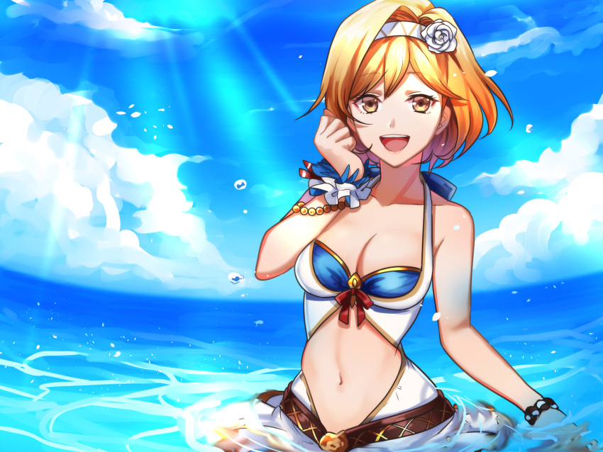 1girl :d blonde_hair bracelet breasts brown_eyes cleavage cloud collarbone day djeeta_(granblue_fantasy) eyebrows_visible_through_hair flower granblue_fantasy hair_between_eyes hair_flower hair_ornament hairband highres jewelry kurozatou_owata looking_at_viewer medium_breasts midriff navel ocean open_mouth outdoors print_hairband rose short_hair smile solo stomach sunlight wading white_flower white_hairband white_rose wrist_cuffs