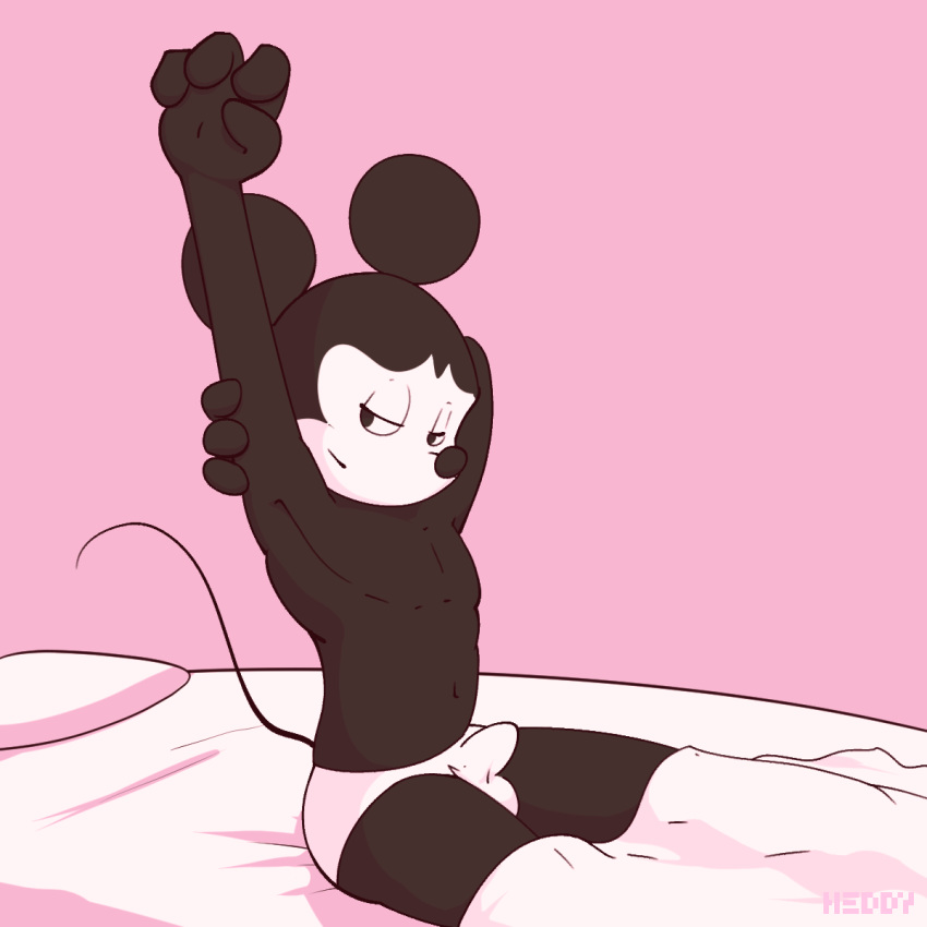 anthro bed bed_sheet bedding bulge clothing disney erection erection_under_clothes half-closed_eyes hand_behind_head heddy hi_res humanoid_hands male mammal mickey_mouse mouse navel on_bed pecs pillow pink_theme raised_arm rodent simple_background sitting solo stretching thin_tail under_covers underwear