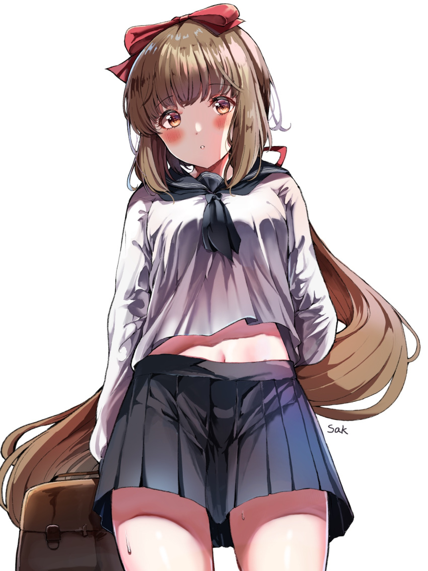 1girl arm_at_side arm_behind_back artist_name bag bangs black_neckwear black_sailor_collar blue_skirt blush bow breasts brown_eyes brown_hair commentary_request eyebrows_visible_through_hair from_below hair_bow highres idolmaster idolmaster_cinderella_girls long_hair long_sleeves looking_at_viewer looking_down low_ponytail medium_breasts navel neckerchief parted_lips pleated_skirt red_bow sailor_collar sak_(lemondisk) school_bag school_uniform serafuku shirt signature simple_background skirt solo sweat tareme very_long_hair white_background white_shirt yorita_yoshino