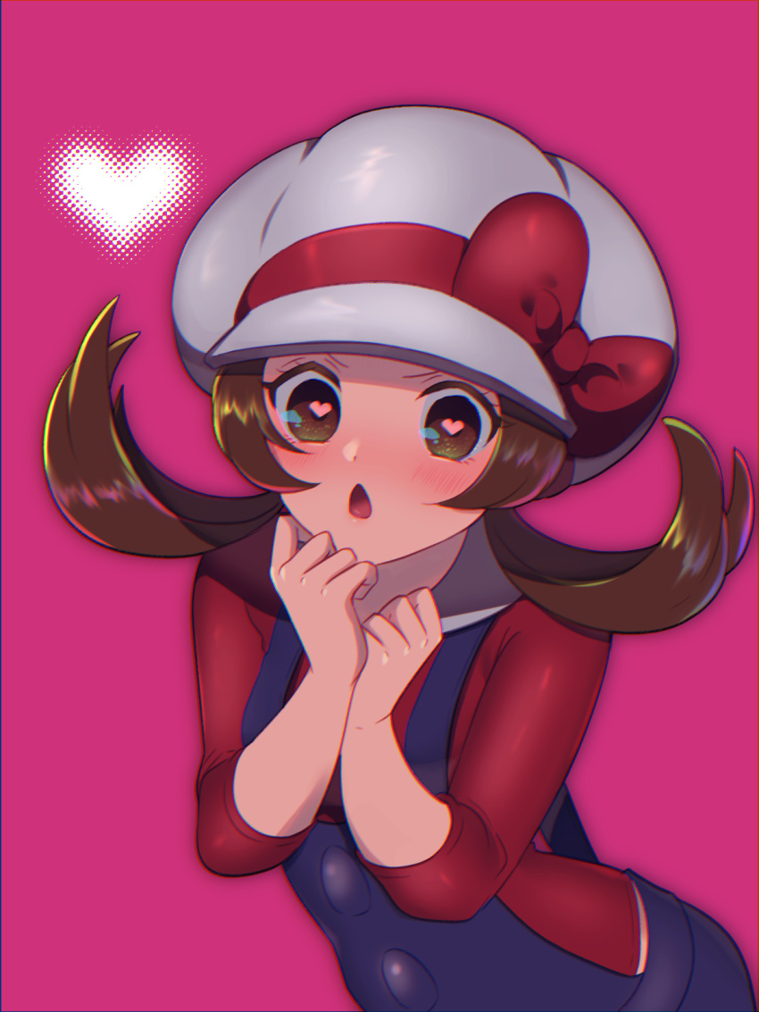 1girl :o bow brown_eyes brown_hair creatures_(company) game_freak hat heart heart-shaped_pupils highres kotone_(pokemon) long_hair looking_at_viewer mokorei nintendo open_mouth pink_background pokemon pokemon_(game) pokemon_hgss raglan_sleeves red_bow short_twintails simple_background solo symbol-shaped_pupils twintails white_hat