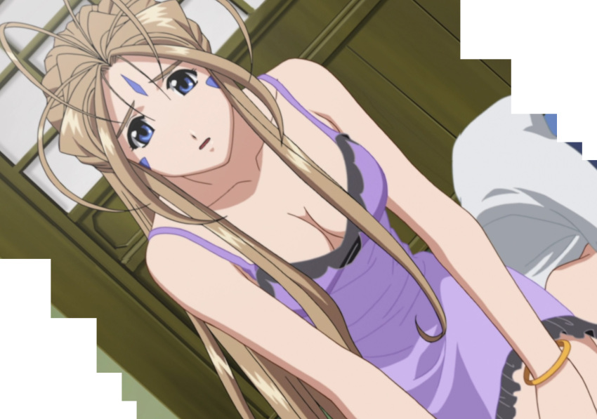 1girl aa_megami-sama antenna_hair babydoll bangs bare_shoulders belldandy blue_eyes breasts brown_hair cleavage collarbone downblouse earrings facial_mark forehead_mark goddess highres jewelry lingerie long_hair looking_at_viewer medium_breasts no_bra open_mouth ring screencap solo underwear