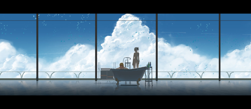 absurdres asuteroid bathing bathtub bird blue blush cloud cornea_(asuteroid) expressionless from_behind green_eyes highres iz_(asuteroid) long_hair looking_at_another looking_at_viewer nude original sky very_long_hair very_wide_shot