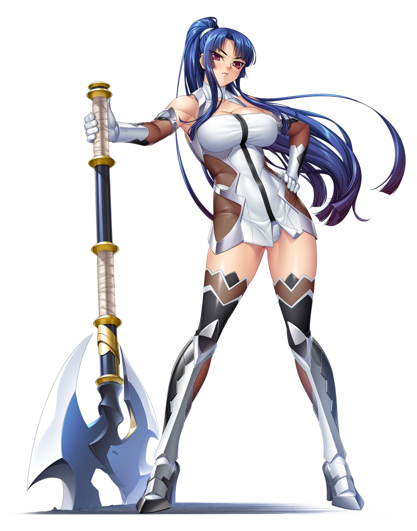 1girl axe bare_shoulders battle_axe blue_hair boots breasts curvy dress elbow_gloves female full_body gloves highres holding holding_weapon kagami_hirotaka large_breasts lilith-soft long_hair looking_at_viewer official_art panties ponytail red_eyes shiny shiny_skin short_dress solo taimanin_(series) taimanin_asagi taimanin_murasaki taimanin_rpgx thighhighs underwear very_long_hair weapon white_background yatsu_murasaki