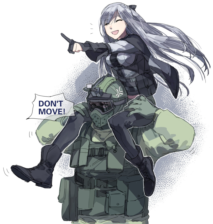 1boy 1girl ak-12_(girls_frontline) anger_vein ankle_boots bangs black_footwear black_pants boots braid commentary deiar009 english_commentary english_text eyebrows_visible_through_hair eyes_closed french_braid fuze_(rainbow_six_siege) girls_frontline gloves helmet highres long_hair long_sleeves military military_uniform open_mouth pants partly_fingerless_gloves rainbow_six_siege silver_hair uniform