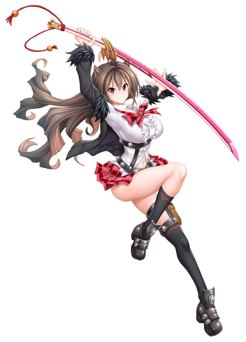 1girl ahoge asahi ass breasts brown_hair cleavage curvy female full_body highres horns jumping large_breasts long_hair looking_at_viewer no_bra pointy_ears red_eyes rina_(taimanin_asagi) shiny shiny_skin simple_background skirt smile solo sword taimanin_(series) taimanin_asagi taimanin_rpgx weapon white_background