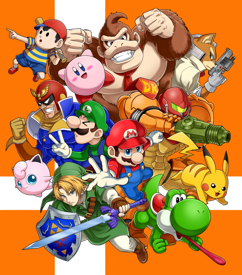 &gt;_&lt; 1girl 6+boys :d baseball_cap black_eyes blonde_hair blue_eyes blue_overalls blue_shorts blush brown_hair captain_falcon clenched_hand commentary_request creature creatures_(company) donkey_kong donkey_kong_(series) f-zero facial_hair fox_mccloud furry game_freak gen_1_pokemon gloves green_hat gun hat helmet highres holding holding_baseball_bat holding_gun holding_sword holding_weapon jigglypuff kamakiri kirby kirby_(series) legs_apart link long_sleeves looking_at_viewer looking_away luigi male_focus mario mario_(series) metroid mother_(game) mother_2 multiple_boys muscle mustache necktie ness nintendo open_mouth orange_background overalls pants pikachu pointing pokemon pokemon_(creature) power_armor red_footwear red_hat red_neckwear samus_aran shield shirt shoelaces shoes short_sleeves shorts sideways_hat smile sneakers star_fox striped striped_shirt super_smash_bros. sword the_legend_of_zelda the_legend_of_zelda:_ocarina_of_time tongue tongue_out v weapon white_gloves white_pants yoshi