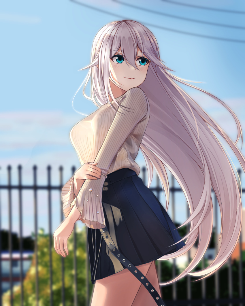aircell alternate_costume bangs black_skirt blue_eyes blue_sky blurry blurry_background breasts casual cecilia_schariac commentary contemporary cowboy_shot day depth_of_field fence from_behind hair_between_eyes hand_on_own_arm highres honkai_(series) honkai_impact_3 long_hair long_sleeves looking_away looking_back medium_breasts outdoors pleated_skirt shirt silver_hair skirt sky striped striped_shirt town vertical-striped_shirt vertical_stripes very_long_hair white_shirt