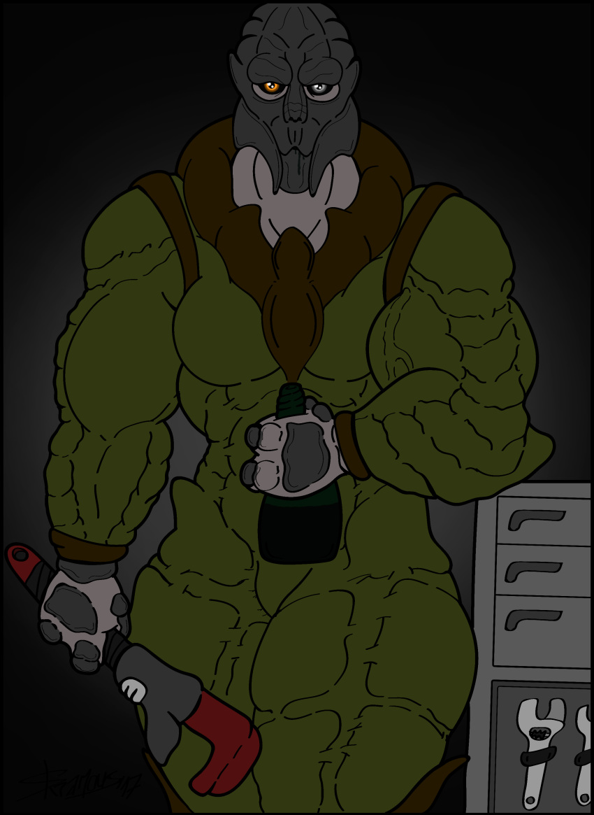 absurd_res alcohol alien beverage bottle clothing flat_colors heterochromia hi_res jumpsuit lampasso_levian looking_at_viewer male mass_effect muscular muscular_male skianous tight_clothing tools turian video_games wrench