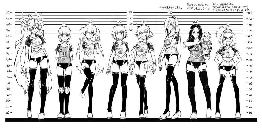 6+girls ahoge alternate_hairstyle ball bandage bradamante_(fate/grand_order) braid breasts brynhildr_(fate) buruma chevalier_d'eon_(fate/grand_order) country_connection elbow_pads facial_scar fate/grand_order fate_(series) greyscale hair_over_one_eye height_chart highres holding holding_ball jeanne_d'arc_(alter)_(fate) jeanne_d'arc_(fate) jeanne_d'arc_(fate)_(all) knee_pads large_breasts leonardo_da_vinci_(fate/grand_order) marie_antoinette_(fate/grand_order) monochrome multiple_girls nero_claudius_(fate) nero_claudius_(fate)_(all) one_eye_closed ponytail scar sportswear teke-emon thighhighs tongue tongue_out twintails volleyball volleyball_uniform
