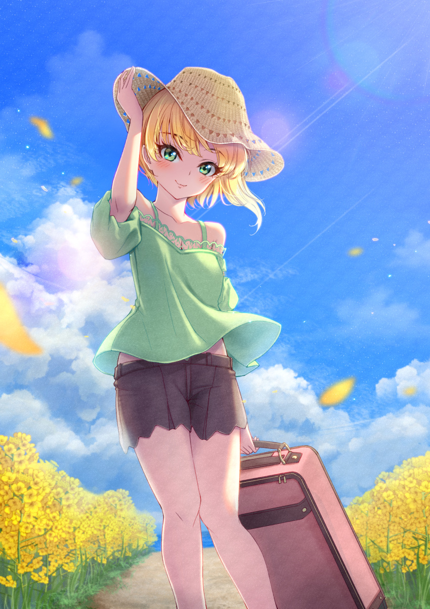 1girl arm_up asymmetrical_hair black_shorts blonde_hair blue_sky breasts cleavage cloud collarbone eyebrows_visible_through_hair flower fumiya-taketatsu green_eyes green_shirt hat highres holding idolmaster idolmaster_cinderella_girls lens_flare looking_at_viewer miyamoto_frederica off-shoulder_shirt off_shoulder outdoors petals shirt short_hair short_shorts short_sleeves shorts sky small_breasts smile solo standing striped striped_background suitcase sun_hat sunlight yellow_flower yellow_hat
