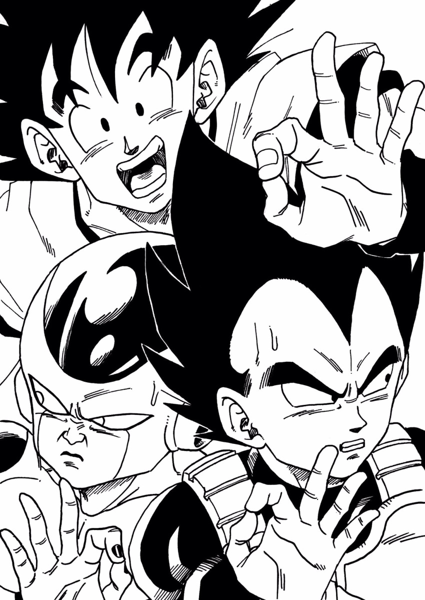 3boys :d armor black_eyes black_hair close-up commentary_request dragon_ball dragon_ball_super_broly dragonball_z embarrassed face fingernails frieza gloves highres lee_(dragon_garou) looking_at_viewer looking_away male_focus monochrome multiple_boys nervous ok_sign open_mouth short_hair simple_background single_glove smile son_gokuu spiked_hair sweatdrop upper_body vegeta white_background white_gloves