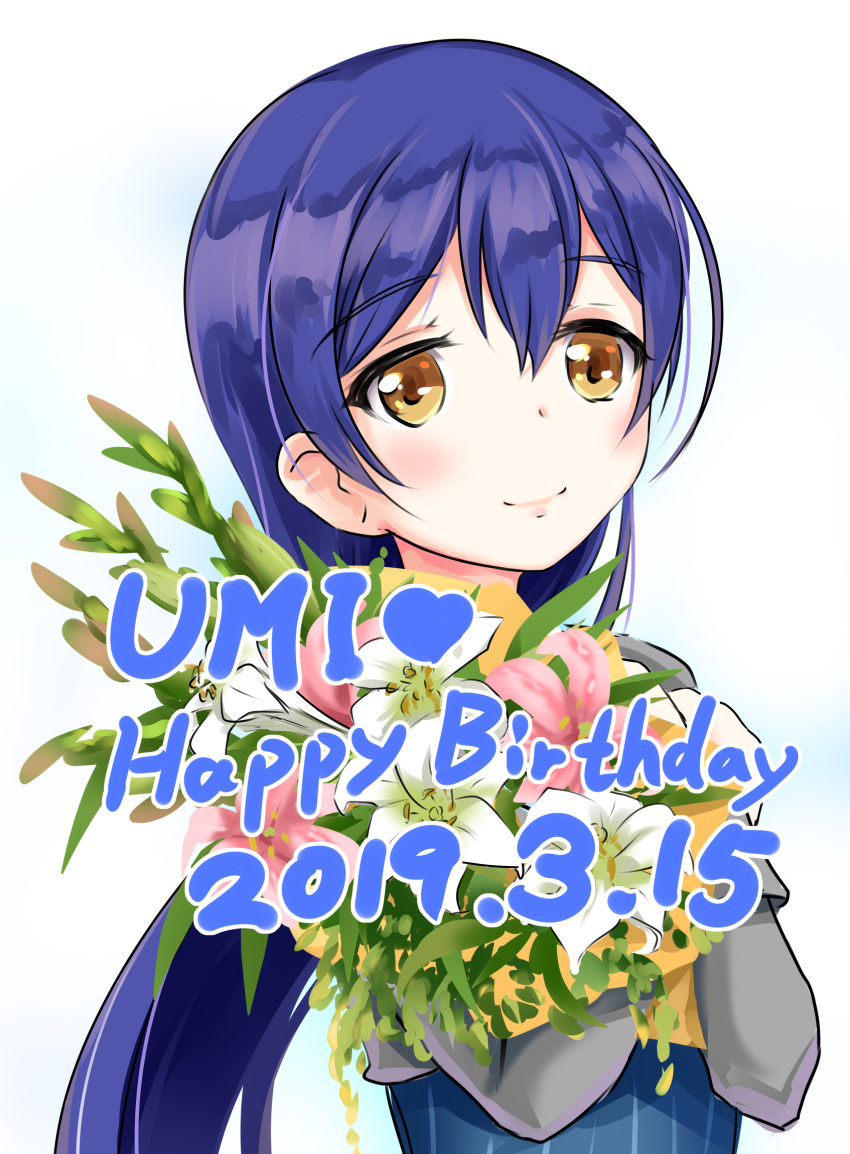 1girl 2019 bangs birthday blue_hair character_name commentary_request dated eatbara english_text eyebrows_visible_through_hair flower happy_birthday highres long_hair long_sleeves love_live! love_live!_school_idol_project sidelocks smile solo sonoda_umi upper_body yellow_eyes