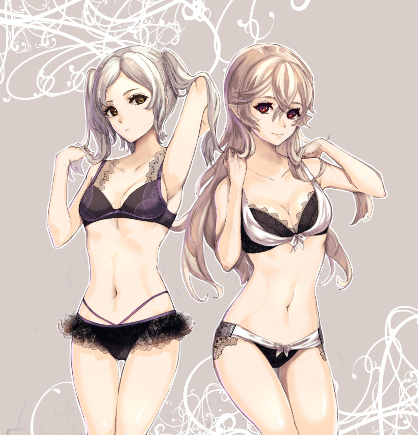 2girls arm_up armpits bikini black_bra black_panties bra breasts cleavage closed_mouth danno_gs female_my_unit_(fire_emblem:_kakusei) female_my_unit_(fire_emblem_if) fire_emblem fire_emblem:_kakusei fire_emblem_if hand_in_hair highres legs_together long_hair looking_at_viewer medium_breasts multiple_girls my_unit_(fire_emblem:_kakusei) my_unit_(fire_emblem_if) navel nintendo panties pointy_ears red_eyes small smile swimsuit thigh_gap twintails underwear white_hair yellow_eyes