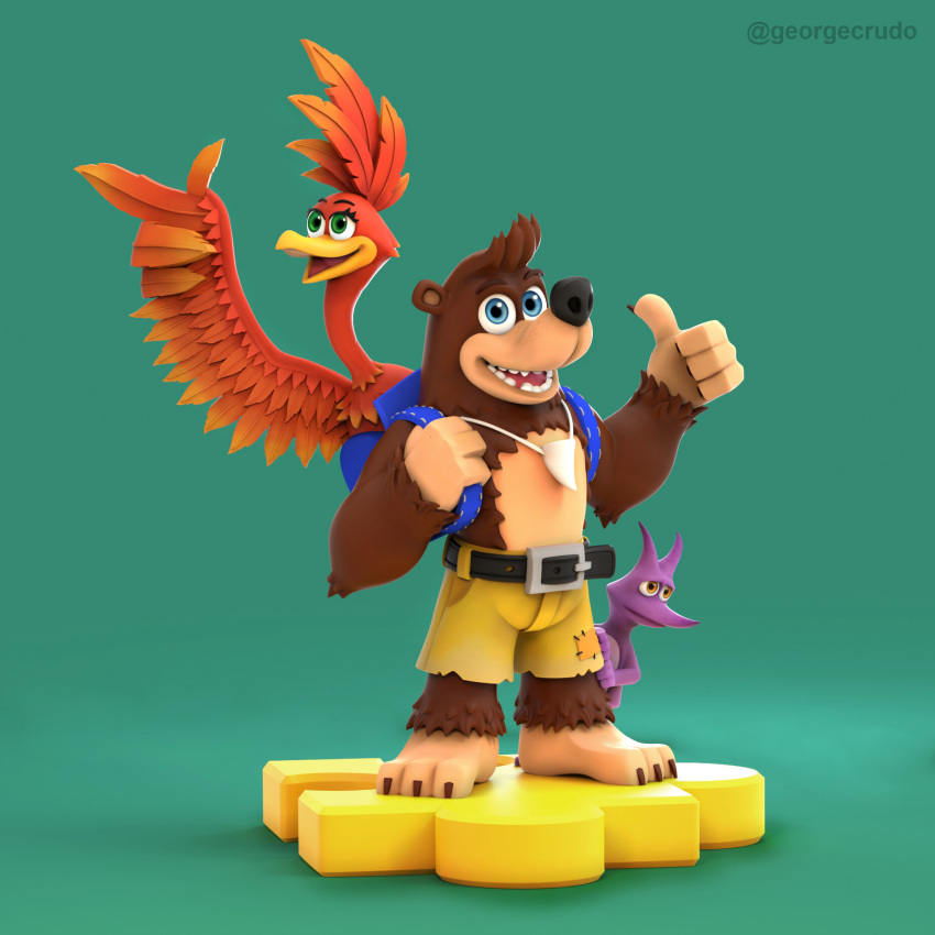 2019 3_toes 3d_(artwork) 4_fingers amber_eyes anthro avian backpack banjo-kazooie banjo_(banjo-kazooie) beak belt bird black_nose blue_eyes breegull brown_claws brown_fur claws clothed clothing digital_media_(artwork) eyelashes feather_hands feathers fur george_crudo green_background green_eyes group hi_res jewelry jinjo kazooie looking_at_viewer mammal necklace open_mouth open_smile orange_feathers patch_(fabric) pointing purple_body rareware shorts simple_background smile standing thumbs_up toes topless ursid video_games watermark yellow_beak