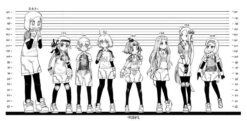 6+girls abigail_williams_(fate/grand_order) ahoge alternate_hairstyle ball bandage benienma_(fate/grand_order) braid elbow_pads facial_scar fate/grand_order fate_(series) greyscale hair_over_one_eye hands_on_own_face headband height_chart highres holding holding_ball jack_the_ripper_(fate/apocrypha) jeanne_d'arc_(fate)_(all) jeanne_d'arc_alter_santa_lily knee_pads medusa_(lancer)_(fate) monochrome multiple_girls nursery_rhyme_(fate/extra) one_eye_closed paul_bunyan_(fate/grand_order) pointing pointing_at_viewer ponytail rider scar shorts sitonai sportswear teke-emon twintails volleyball volleyball_uniform whistle