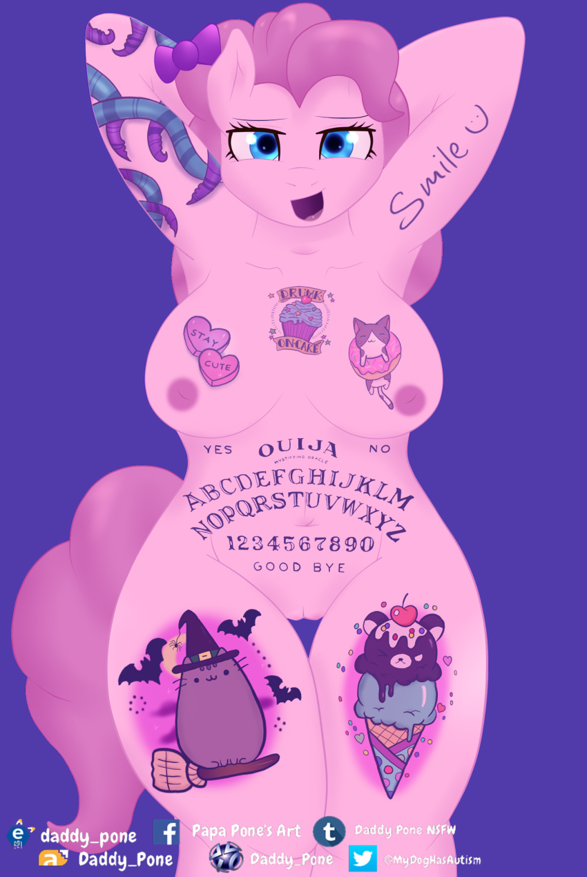 anthro bow breasts daddy_pone female friendship_is_magic hi_res looking_at_viewer my_little_pony pinkie_pie_(mlp) pussy slightly_chubby tattoo tongue