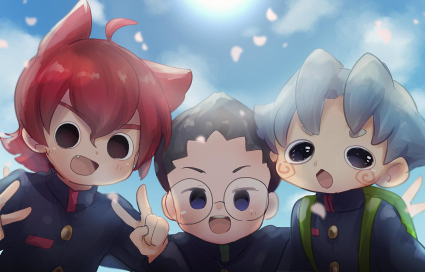 3boys backpack bag black_hair blue_hair blue_sky double_v eiga_youkai_watch_jam:_youkai_gakuen_y_-_neko_wa_hero_ni_nareru_ka gakuran glasses highres jibanyan komasan male_focus multiple_boys nebumochi personification round_eyewear school_uniform sky v whisper_(youkai_watch) youkai_watch