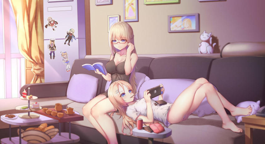 2girls absurdres ass bare_arms bare_legs bare_shoulders barefoot blonde_hair blue_eyes blush book breasts brown_dress can character_request cleavage closed_mouth commentary_request cookie couch curtains day dress erect_nipples food food_in_mouth glasses hair_ornament hairclip handheld_game_console highres holding holding_book holding_handheld_game_console indoors lap_pillow large_breasts lexington_(warship_girls_r) long_hair lying mouth_hold multiple_girls on_back on_couch open_book panties photo_(object) picture_frame pillow pocket ray_(pixiv9514208) red-framed_eyewear saratoga_(warship_girls_r) see-through semi-rimless_eyewear shirt short_sleeves small_breasts smile sunlight sweets tiered_tray under-rim_eyewear underwear very_long_hair warship_girls_r white_panties white_shirt