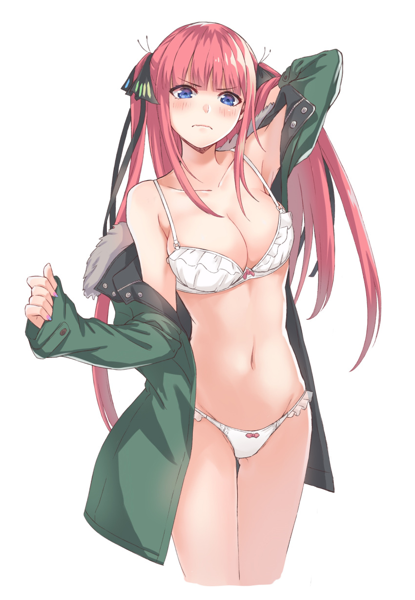 1girl absurdres arm_up bangs blue_eyes blue_skirt blunt_bangs blush bow bow_bra bow_panties bra breasts cleavage closed_mouth collarbone da-cart eyebrows_visible_through_hair frilled_bra frilled_panties frills fur_trim gluteal_fold go-toubun_no_hanayome green_jacket hair_ribbon highres jacket large_breasts long_hair long_sleeves looking_at_viewer nail_polish nakano_nino navel off_shoulder open_clothes open_jacket panties red_bow red_hair ribbon simple_background skirt solo standing stomach two_side_up underwear white_background white_bra white_panties