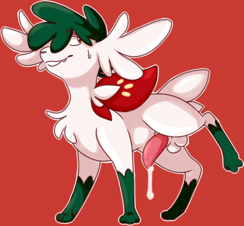 balls erection feral gritsnshit legendary_pok&eacute;mon male nintendo penis pok&eacute;mon pok&eacute;mon_(species) precum raised_leg shaymin shaymin_(sky_form) simple_background solo tapering_penis video_games