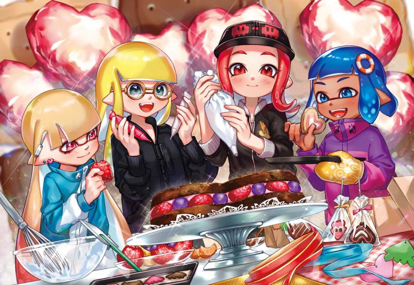 4girls :d animal_print baking_sheet balloon bangs baseball_cap bird_print black_hat black_jacket blonde_hair blue_eyes blue_hair blunt_bangs blush bowl box brown-framed_eyewear cake candy chocolate_cake closed_mouth cookie dark_skin domino_mask earrings fangs food fruit glasses hair_ornament hat heart heart_balloon heart_earrings holding holding_cookie holding_food holding_fruit inkling jacket jewelry lifebuoy lifebuoy_hair_ornament lollipop long_hair long_sleeves mask multiple_girls octarian octoling open_mouth orange orange_hair orange_slice oven_mitts pastry_bag pink_eyes pointy_ears red_eyes red_hair round_eyewear short_hair smile sparkle spatula splatoon splatoon_(series) splatoon_2 strawberry stud_earrings teeth tentacle_hair whisk yamagishi_chihiro