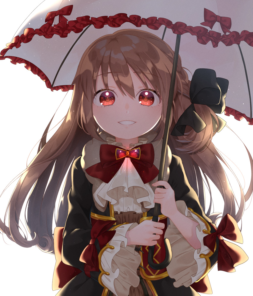 1girl brown_hair character_request commentary_request gothic_lolita grin hair_ribbon highres holding holding_umbrella lolita_fashion long_hair looking_at_viewer magia_record:_mahou_shoujo_madoka_magica_gaiden mahou_shoujo_madoka_magica red_eyes red_ribbon ribbon simple_background smile solo soul_gem umbrella white_background yupiteru