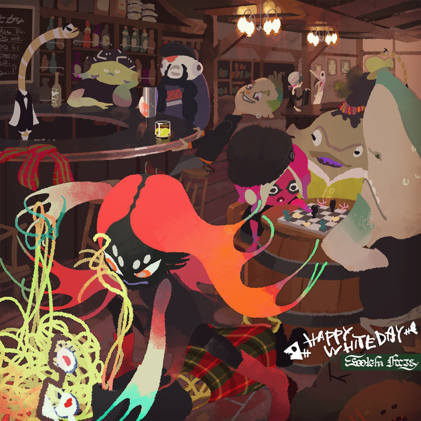 6+boys bar bar_stool barrel beanie beer_bottle black_skin blow_bottom board_game chess commentary_request earrings fighting fin_bottom fuka_bottom glasses hat highres inoue_seita jewelry kilt kuze_(splatoon) long_hair male_focus multiple_boys octarian official_art orange_eyes orange_hair paul_(splatoon) red_hair red_skin ryuu-chang sawaberu_taichi shark splatoon splatoon_(series) splatoon_2 stool taka_(splatoon) tangle_bottom tentacle_hair white_day