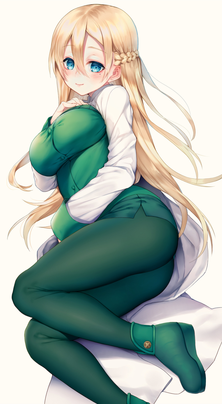 1girl absurdres ass blonde_hair blue_eyes blush braid breasts closed_mouth commentary_request eyebrows_visible_through_hair french_braid green_footwear green_legwear green_skirt green_vest hair_between_eyes hand_on_own_chest highres himegi_you large_breasts long_hair long_sleeves looking_at_viewer lying miniskirt mint_(summon_night) mole mole_under_eye office_lady on_side pantyhose pencil_skirt shirt shoes skirt smile solo summon_night summon_night_4 vest white_shirt